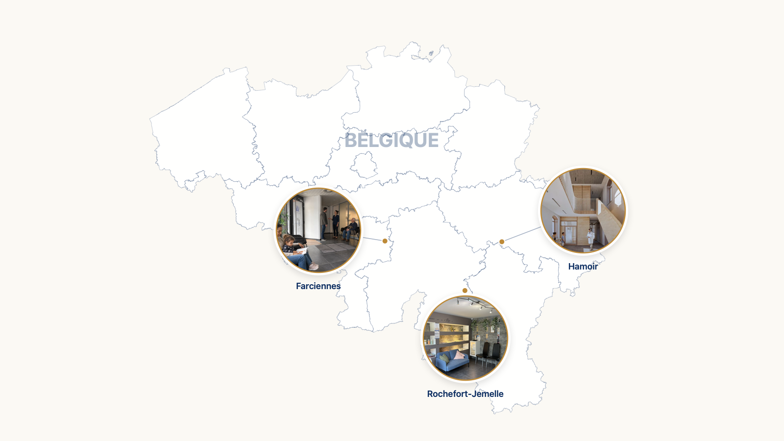 Carte de Belgique situant les centres L'Alliance de Rochefort-Jemelle, Farciennes et Hamoir